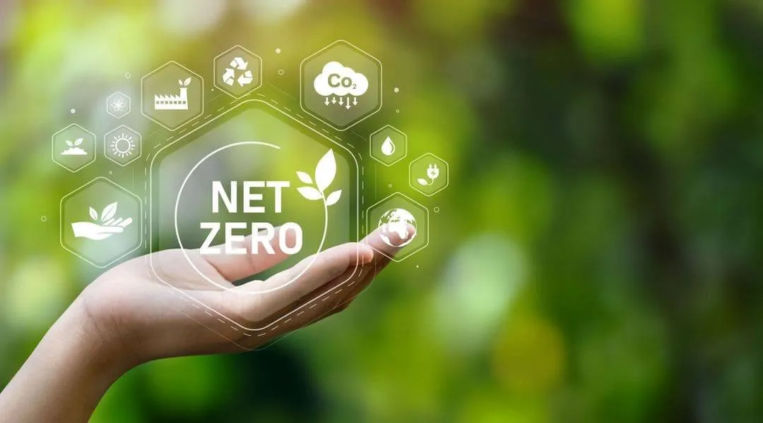 Illustration portant la mention « Net Zero », entourée de symboles environnementaux.