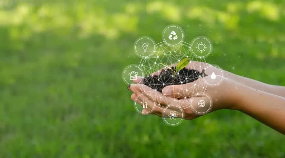 Illustration de mains tenant une jeune plante, entourée de symboles technologiques et environnementaux.