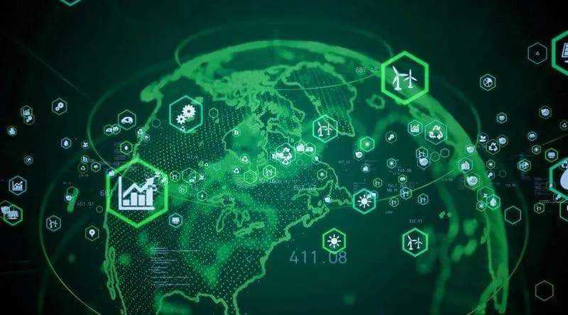 Illustration d’un globe relié à des symboles numériques et environnementaux.