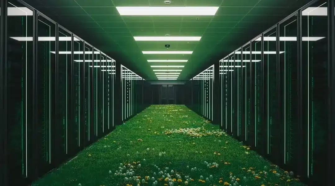 Illustration d’une salle de serveurs avec un sol végétalisé.