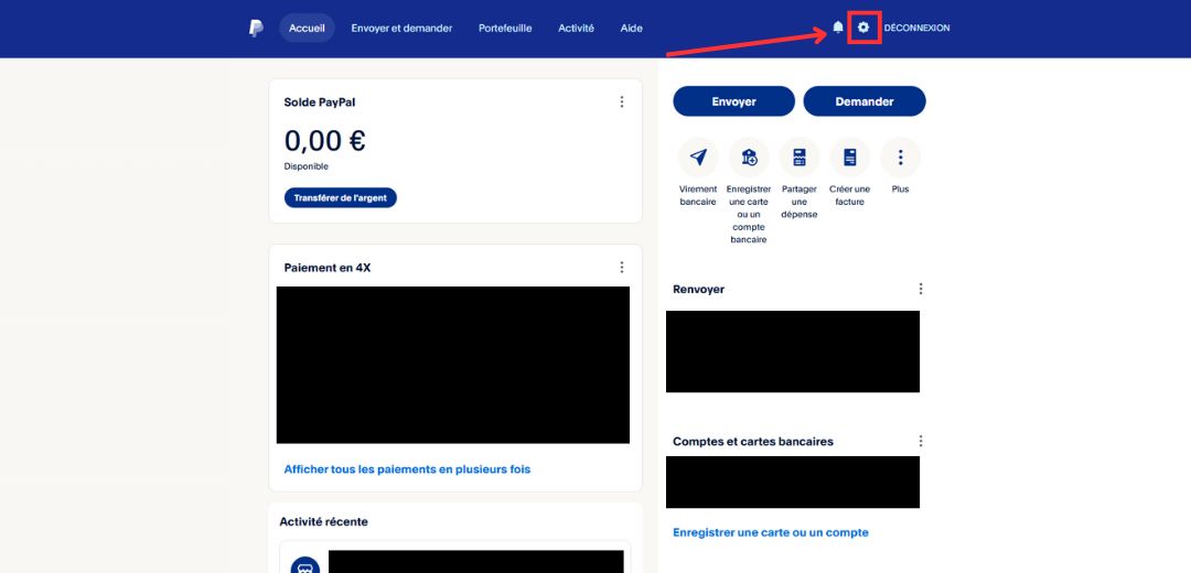 Roue dentée permettant d’ouvrir les paramètres PayPal.