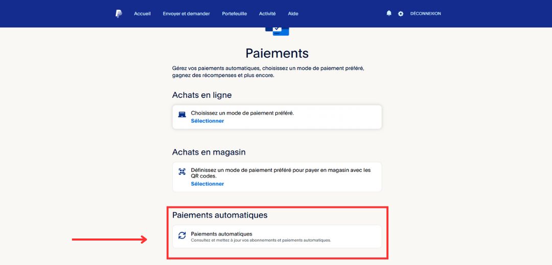 Rubrique « Paiements automatiques » dans PayPal.