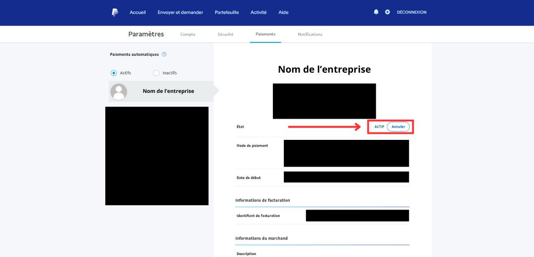 Bouton « Annuler » dans la fiche d’une autorisation de paiement PayPal.