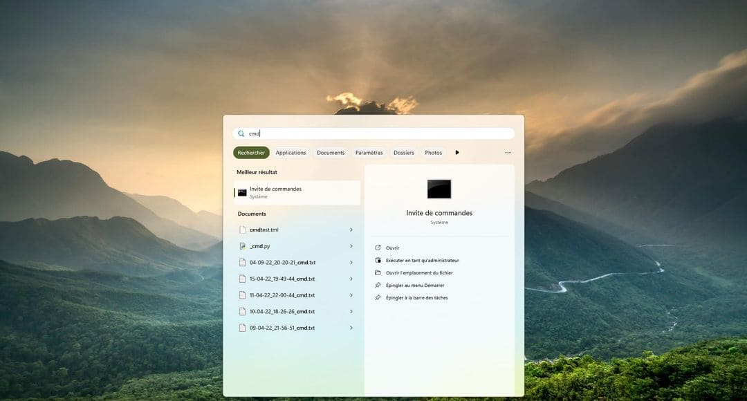 Recherche de l’invite de commandes dans le menu Démarrer de Windows.