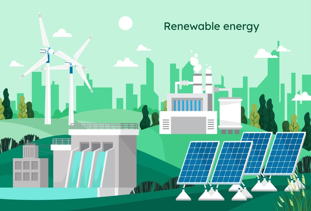 Illustration réunissant éoliennes, panneaux solaires et barrage hydroélectrique.